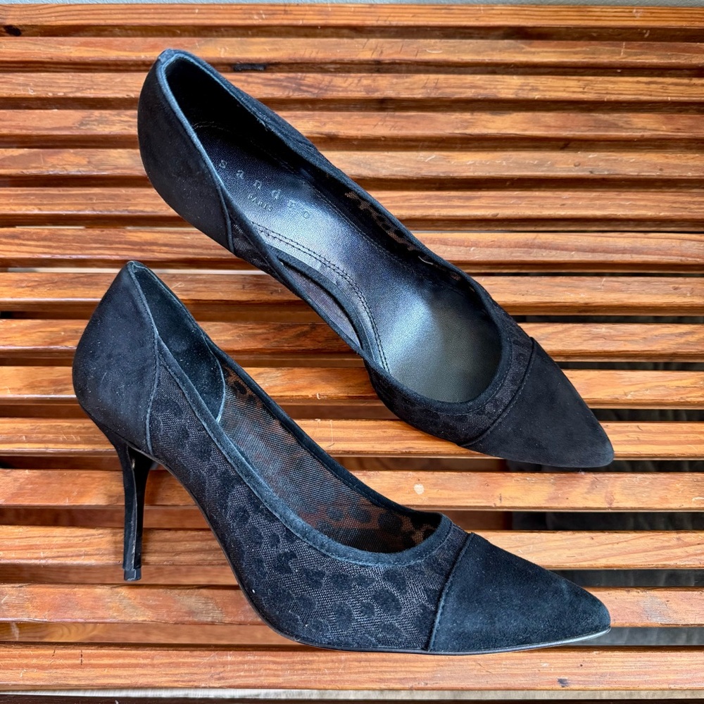 Sandro Flocked Leopard Print Pointed Toe Suede High Heels Sz 40 US 8.5 Black